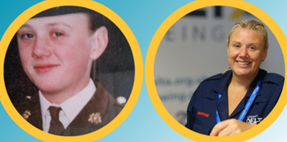 Side-by-side circular portraits of the same woman at different stages of life. On the left, she is wearing a military uniform as a young soldier. On the right, she is older, smiling, and wearing a Delta Wellbeing uniform, standing in front of a branded background