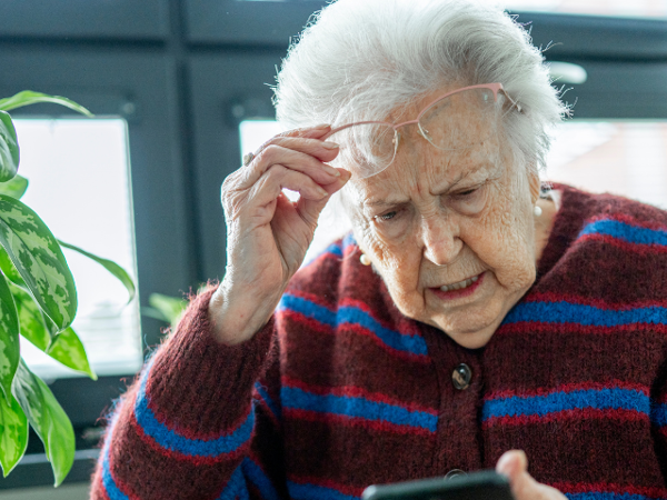 Person using a mobile phone indoors, with a houseplant and windows in the background.